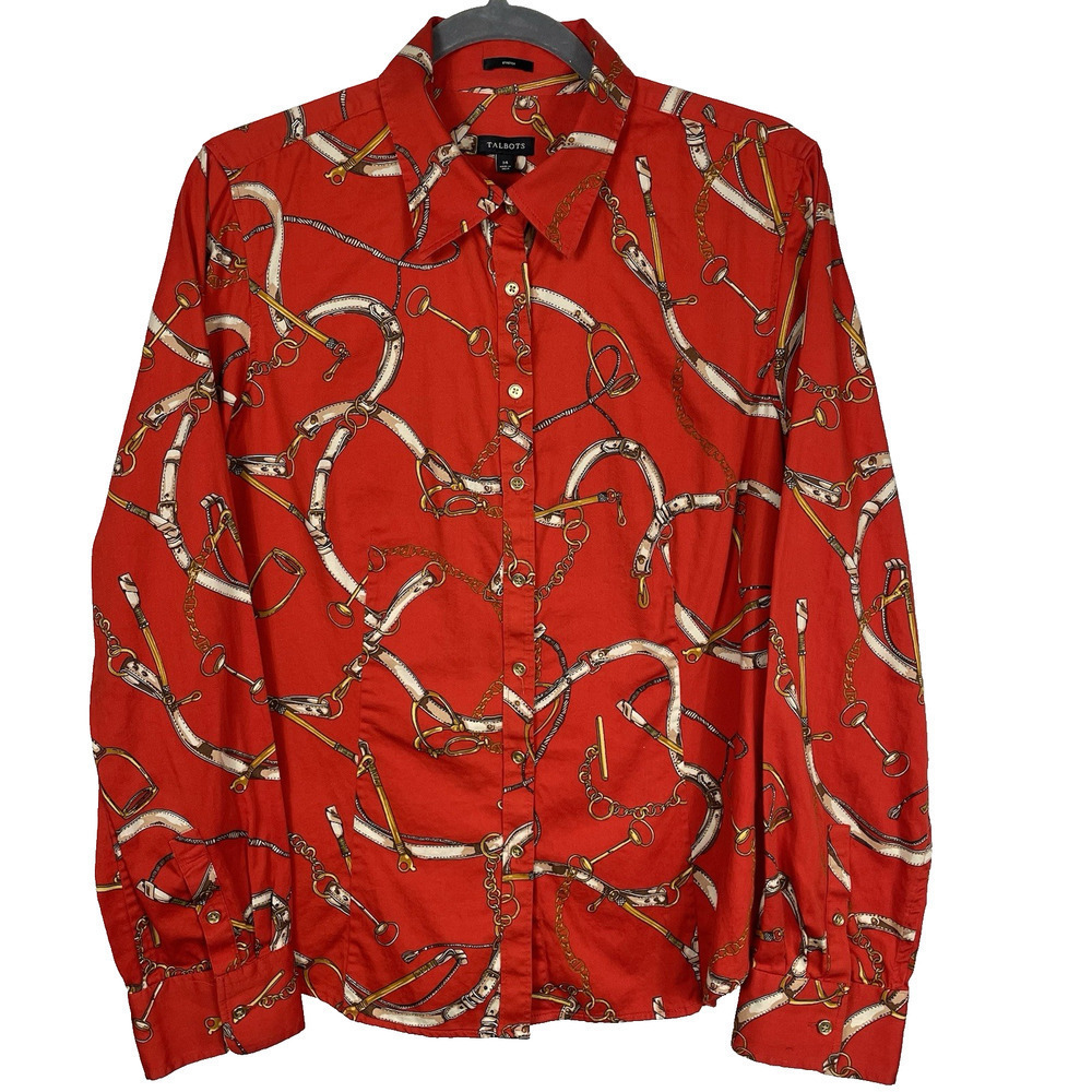 Talbots Equestrian Shirt Women's 14 Red Button Up Horse Bridle Classic Old Money